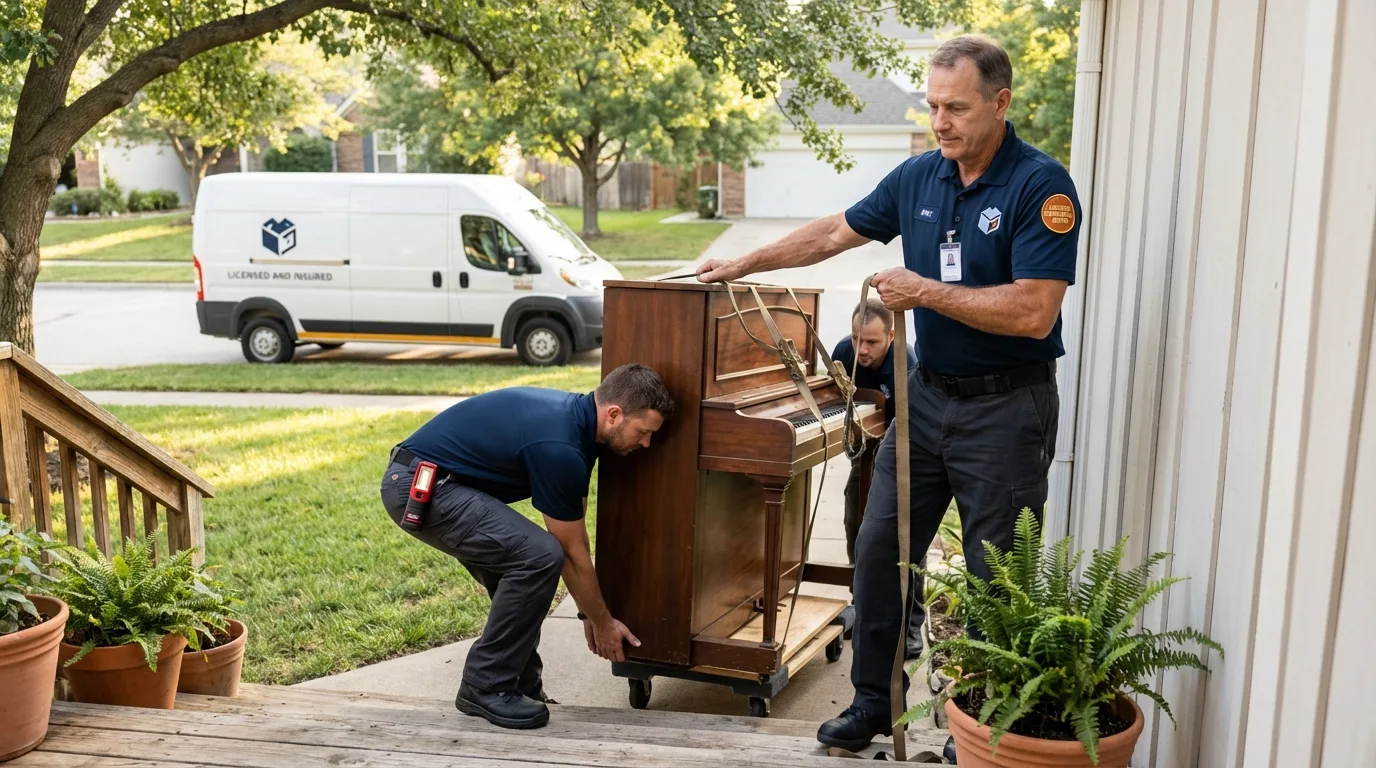 Licensed piano movers securing grand piano in Hinsdale, MA