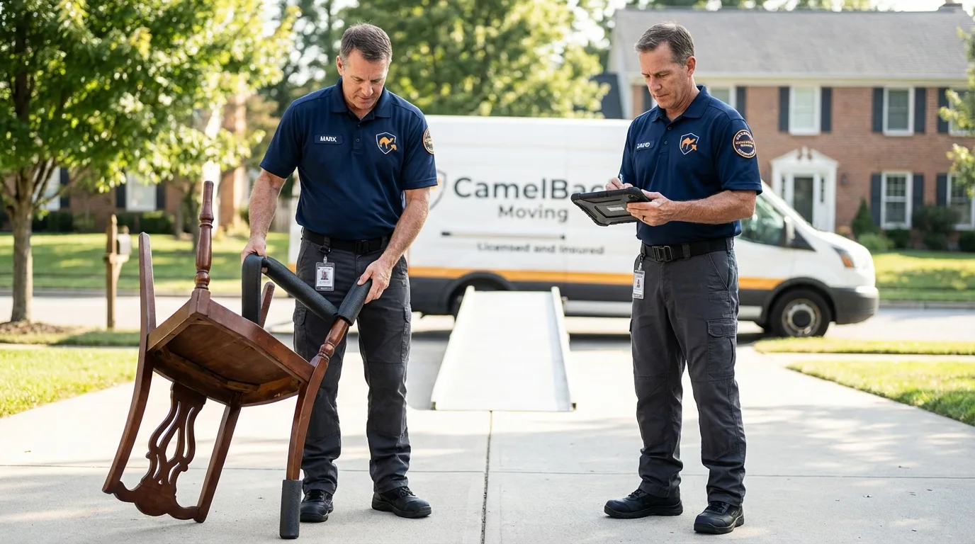 Movers inspecting furniture for damage prevention before loading in Hinsdale, MA