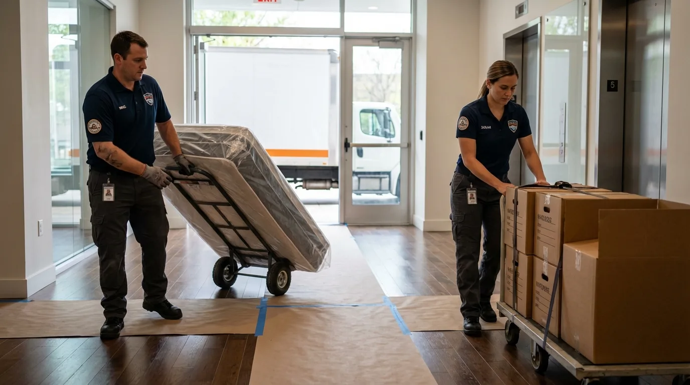 Professional apartment movers loading elevator in Hinsdale, MA